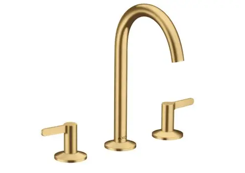 Drei-Loch Waschtischarmatur mit einem hohen Auslauf und zwei Bedienhebeln in gebürstetem Gold. Hersteller ist AXOR.